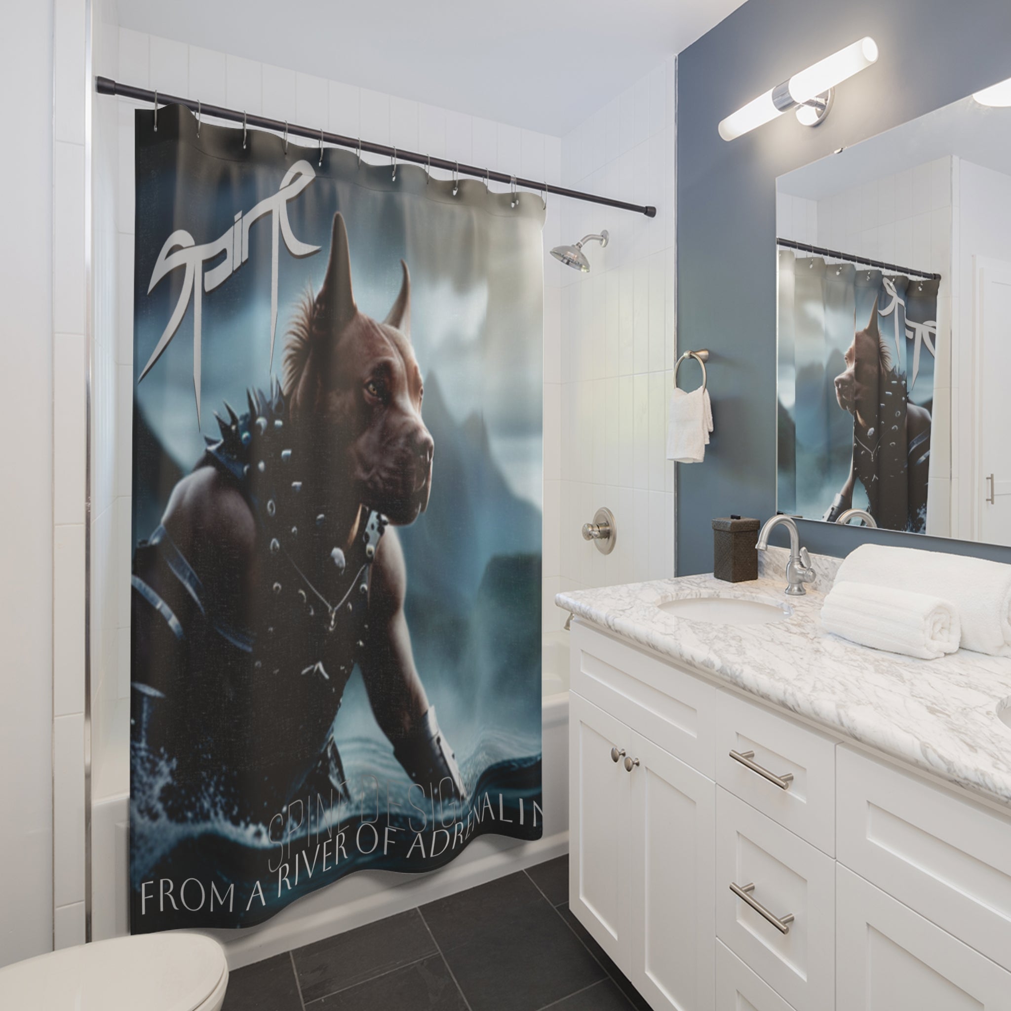 "SPINEDOG" From a River of Adrenaline, Shower Curtains