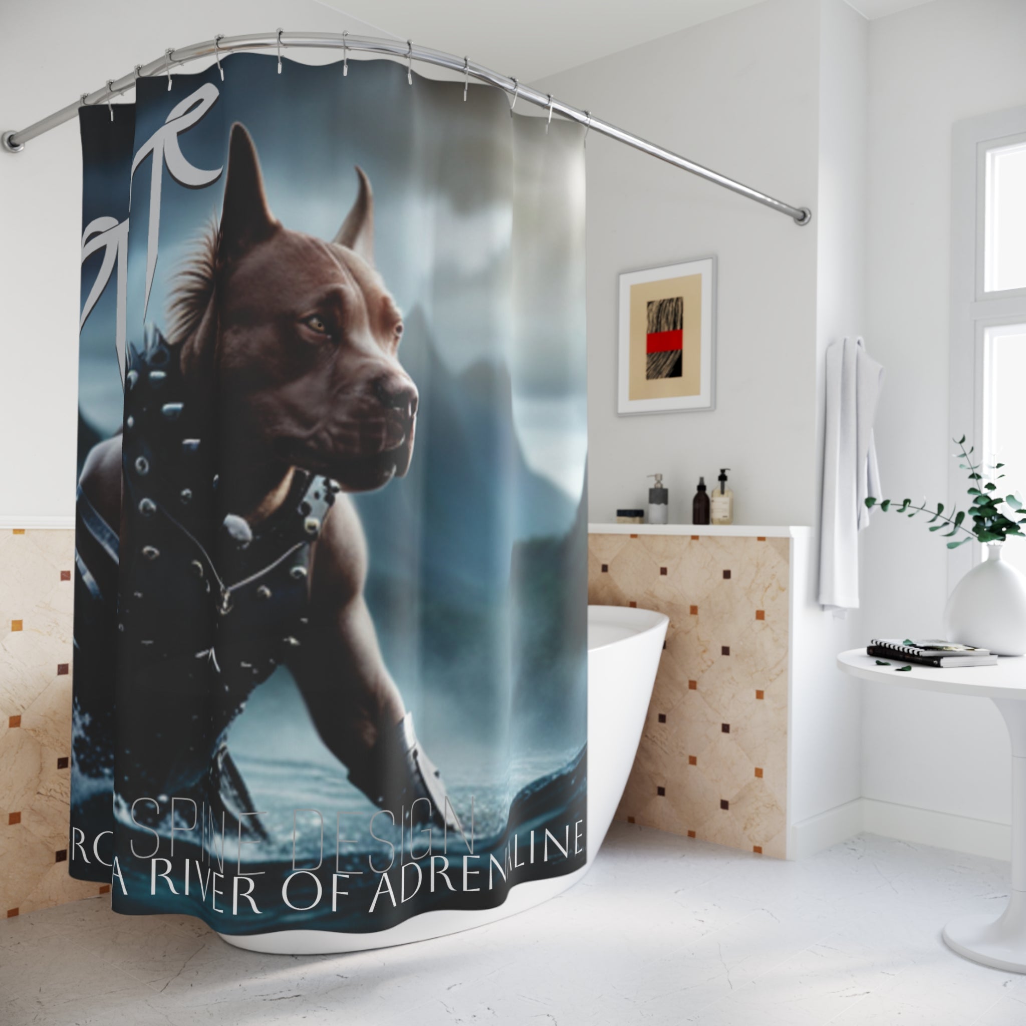 "SPINEDOG" From a River of Adrenaline, Shower Curtains